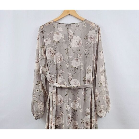 Torrid Maxi Dress Floral Long Sleeve 1X Gray Beige Tiered Chiffon Lined Boho NEW - Picture 10 of 12